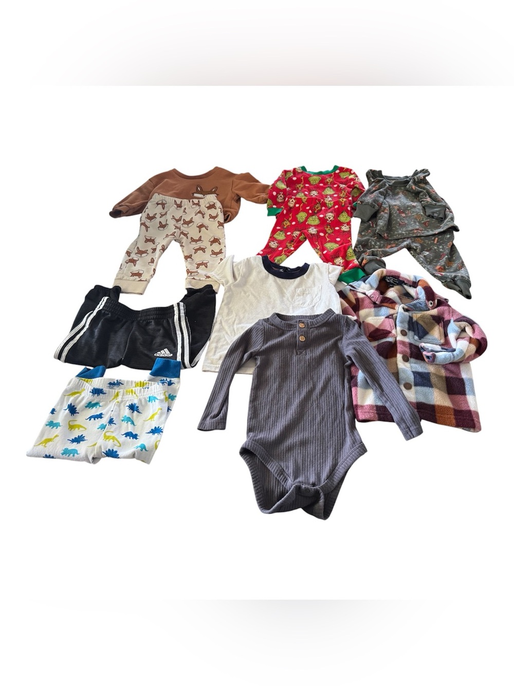 Baby Boy 12 Months Clothing Lot 8pc Bundle Adidas Grinch Dino Shacket